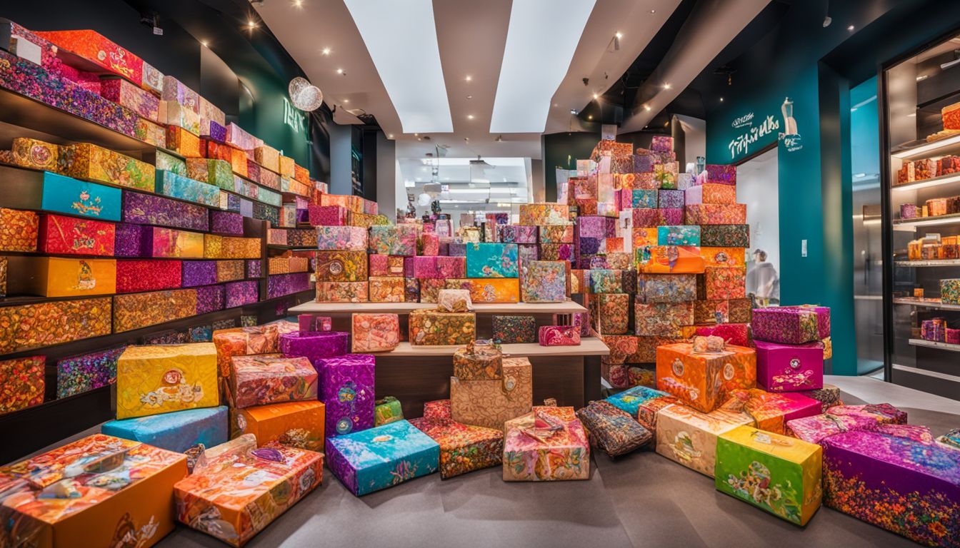 A display of Prank-O's novelty gift boxes in a vibrant retail store.