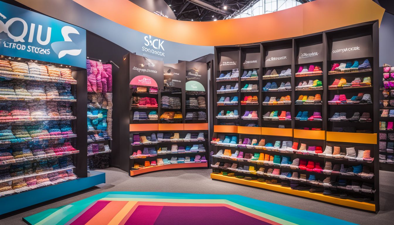 Colorful display of Squid Socks products at an international trade show.