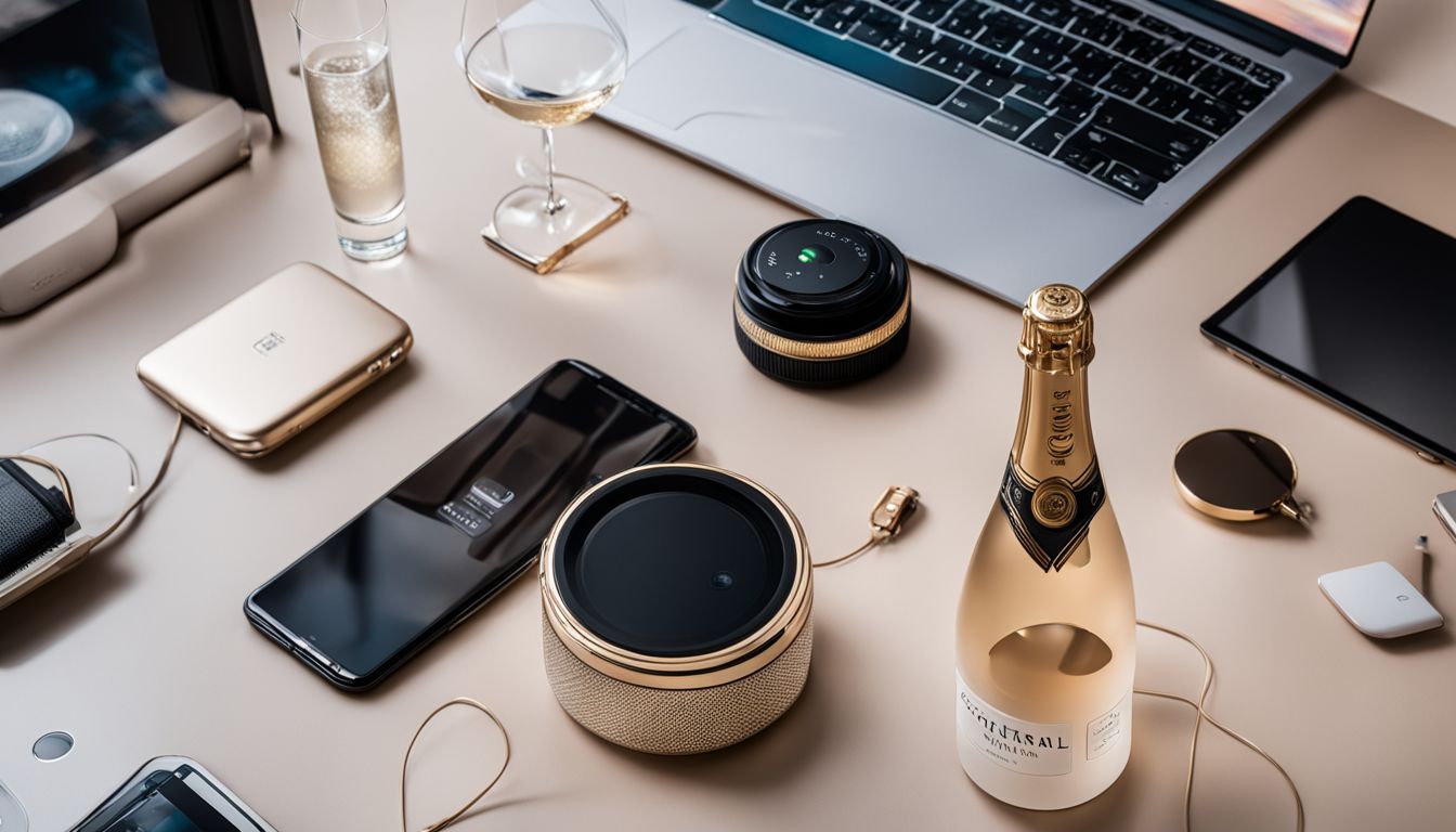 A modern champagne bottle surrounded by digital devices in a bustling atmosphere.