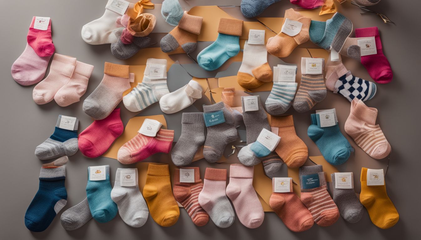 A creative display of quirky baby socks surrounded by marketing materials.