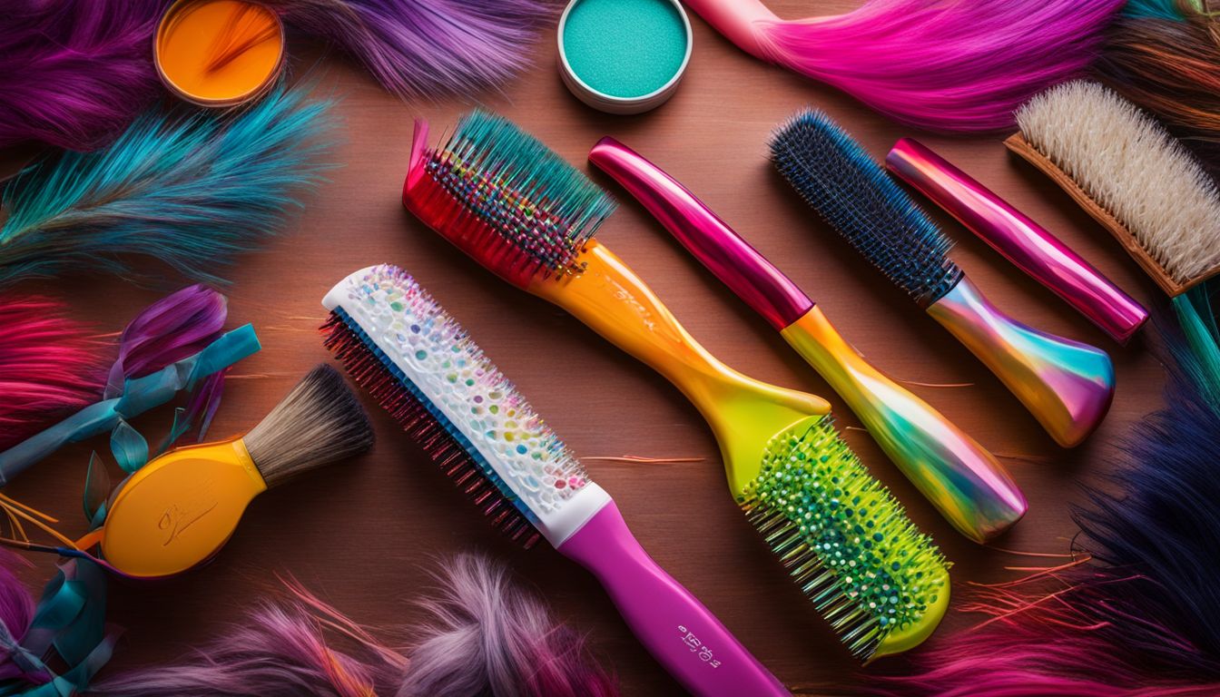 A vibrant hairbrush surrounded by colorful hair strands in a natural setting.