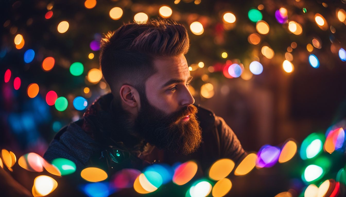 A festive beard adorned with Beardaments surrounded by colorful lights.