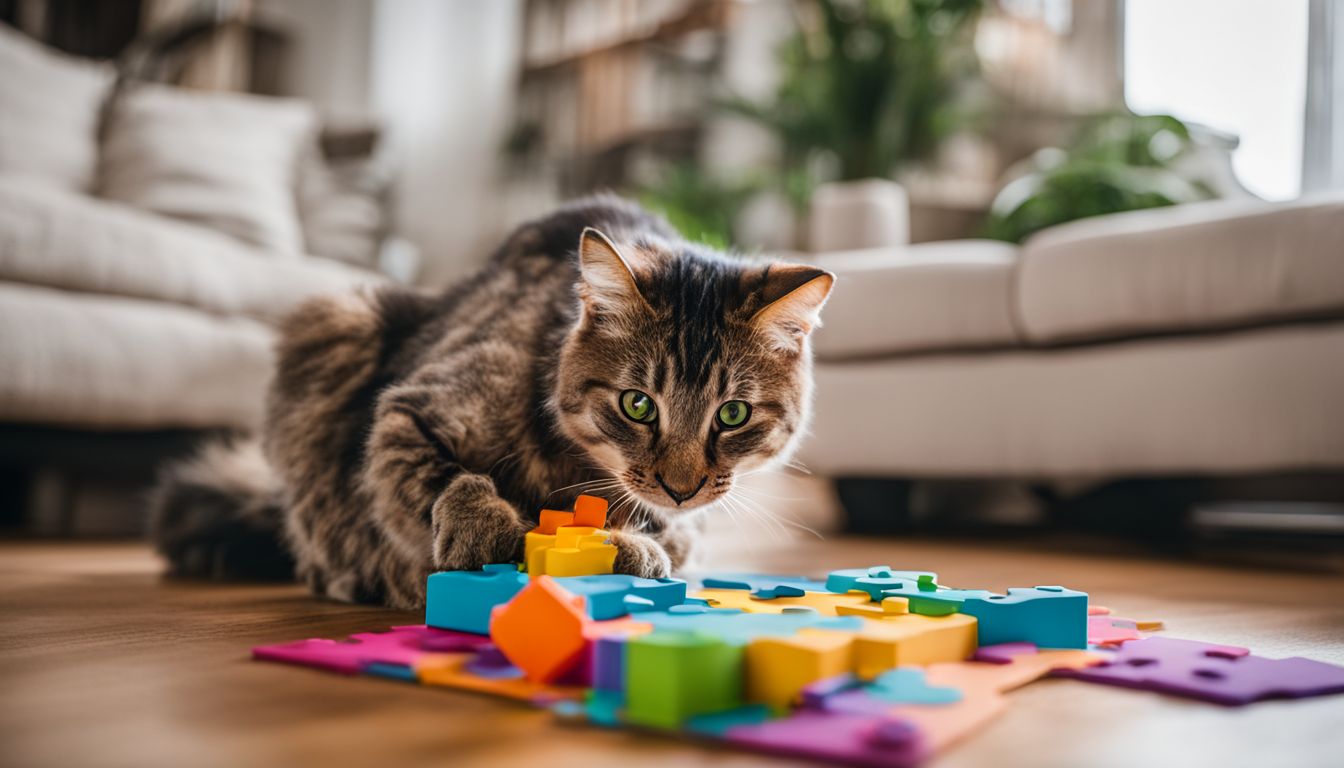 A playful cat interacting with a puzzle toy in a colorful living room.