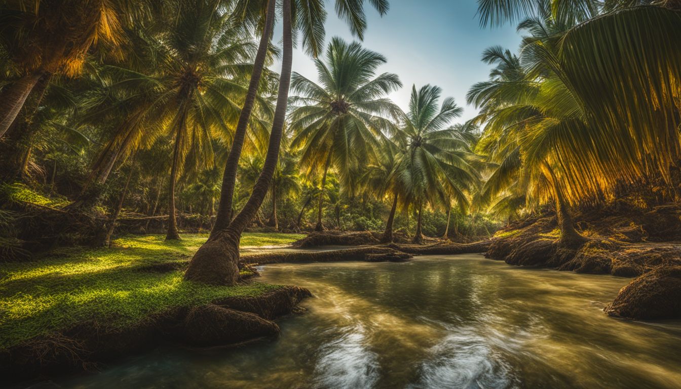 A tropical coconut tree orchard with a refreshing Cave Shake.