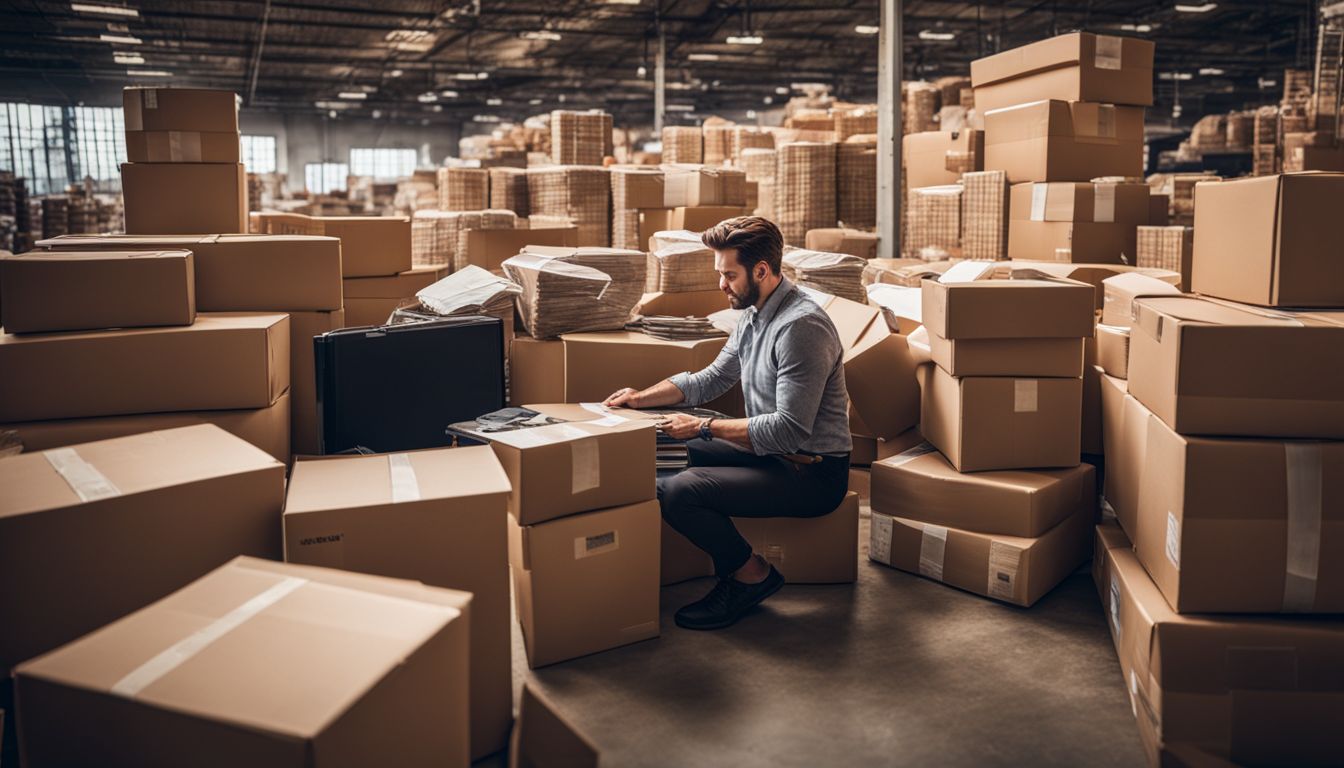 A mountain of unsold inventory in a warehouse surrounded by stacked boxes and financial charts.