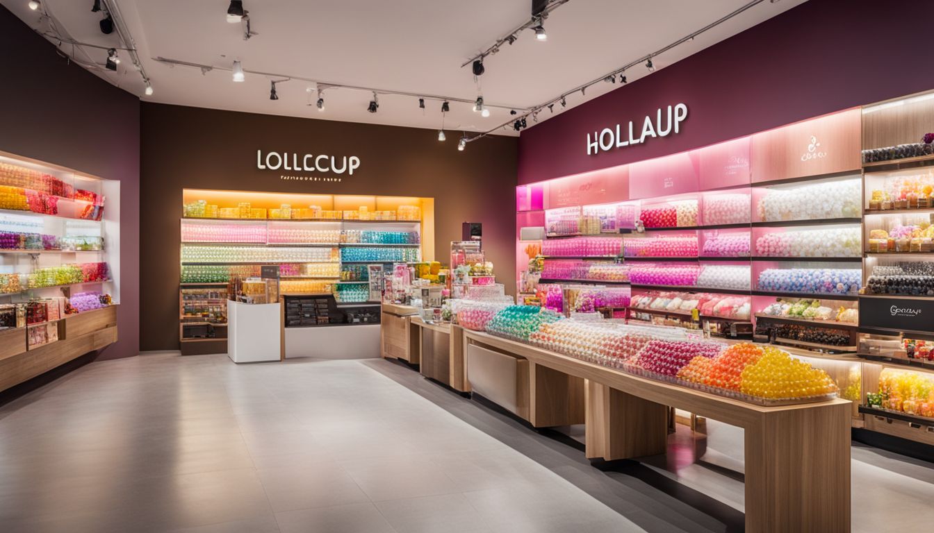 A variety of Lollacup products displayed in a modern retail store.