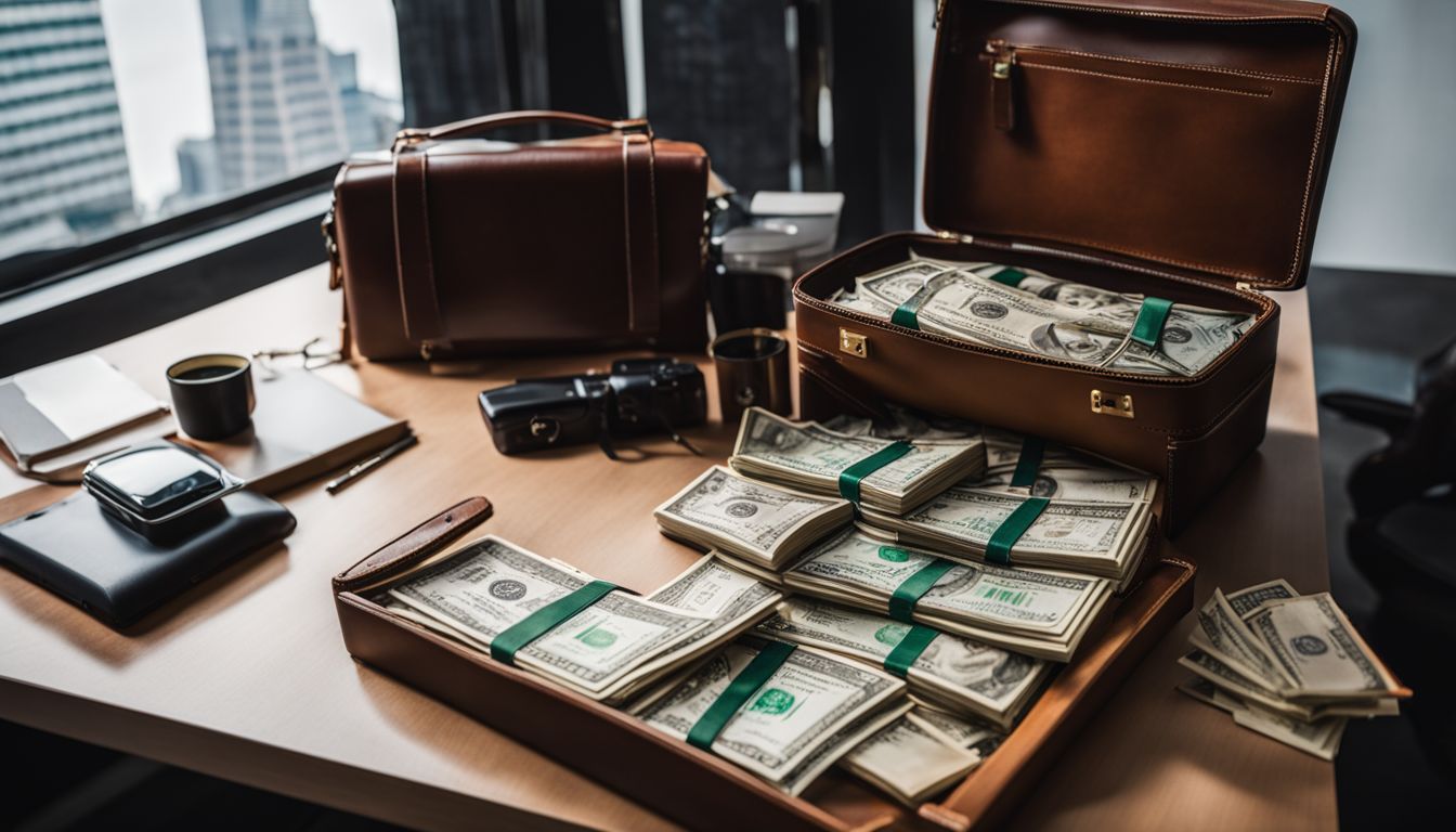 A briefcase filled with money on a desk with a financial graph in the background.