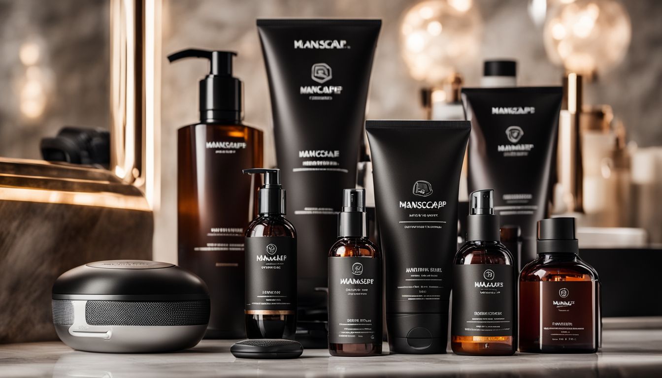A display of Manscaped products in a luxury bathroom setting.