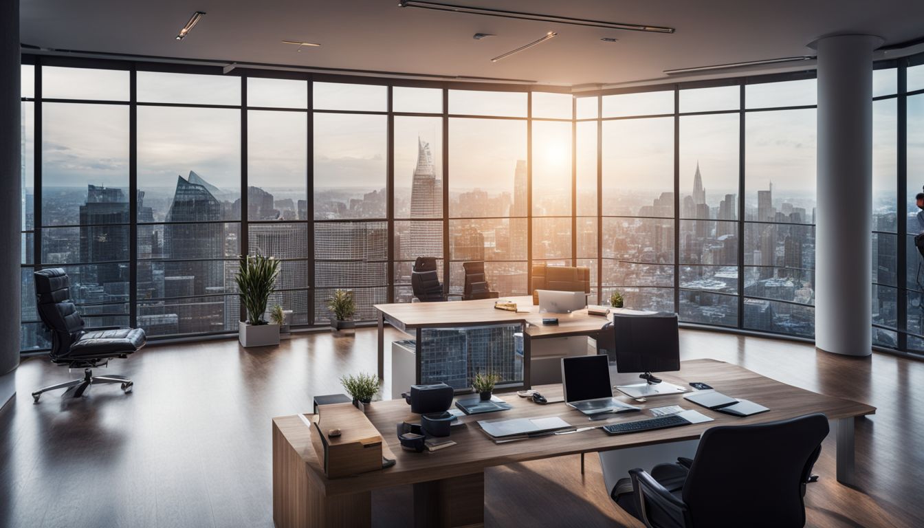 A financial chart surrounded by modern office decor and cityscape photography.