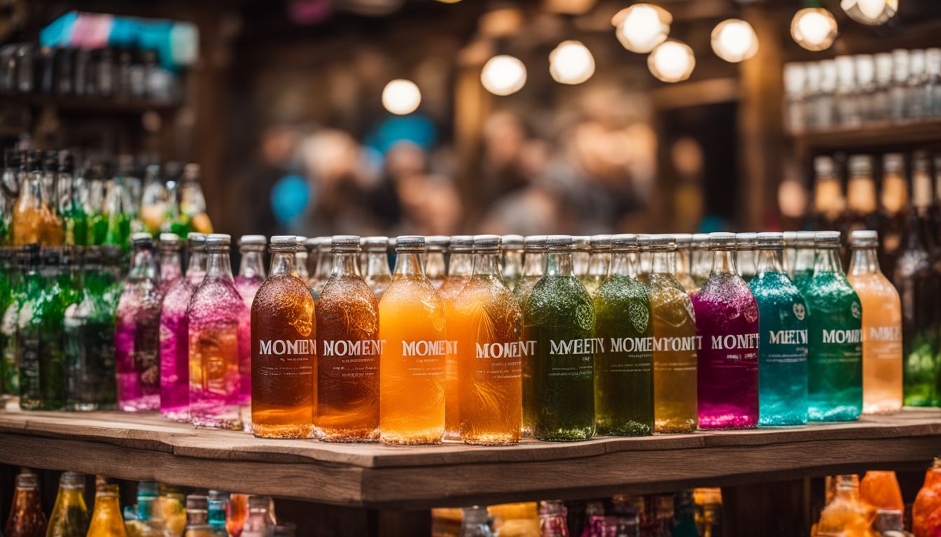 A display of Moment Drink bottles in a vibrant marketplace.