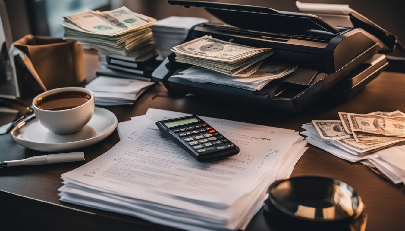 A pile of money and financial documents on a modern city desk.