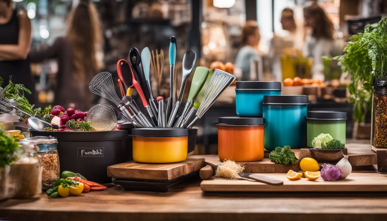 FunBites kitchen tool set showcased in a diverse, vibrant market display.