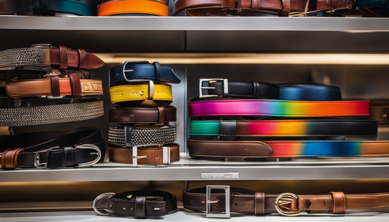 A vibrant display of stylish belts in a trendy store.