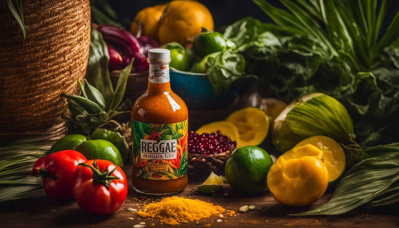 A bottle of Reggae Reggae Sauce surrounded by vibrant Caribbean ingredients.