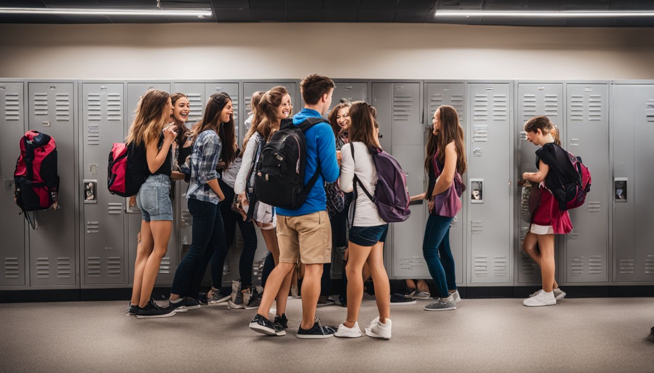 A tidy school locker with Lockerbones surrounded by excited students.