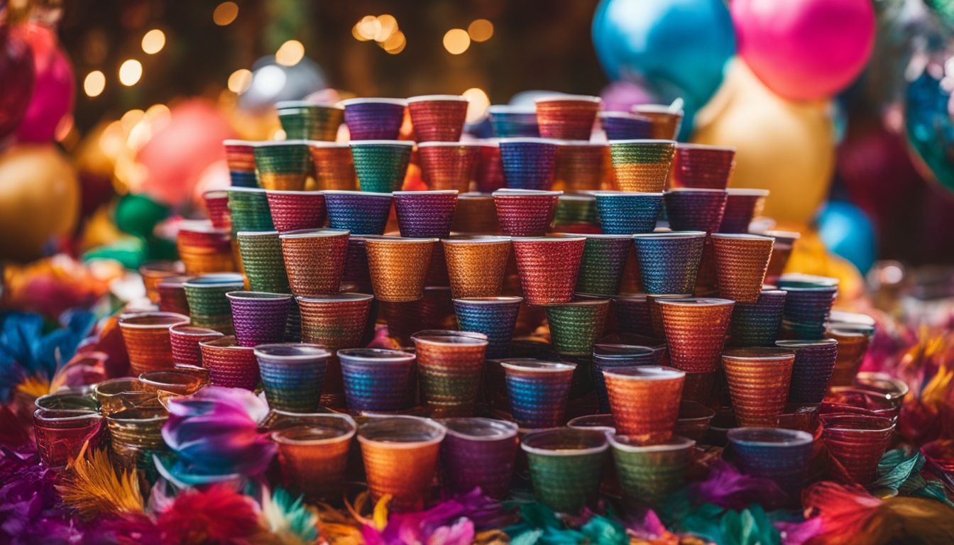 A table filled with 180 cups and shot glasses at a party.