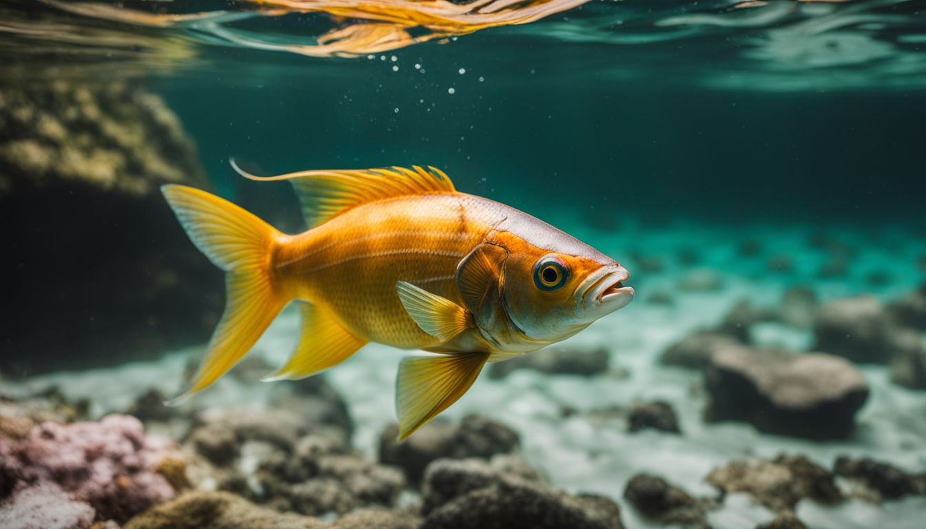 A robotic fish lure submerged in crystal-clear water for wildlife photography.