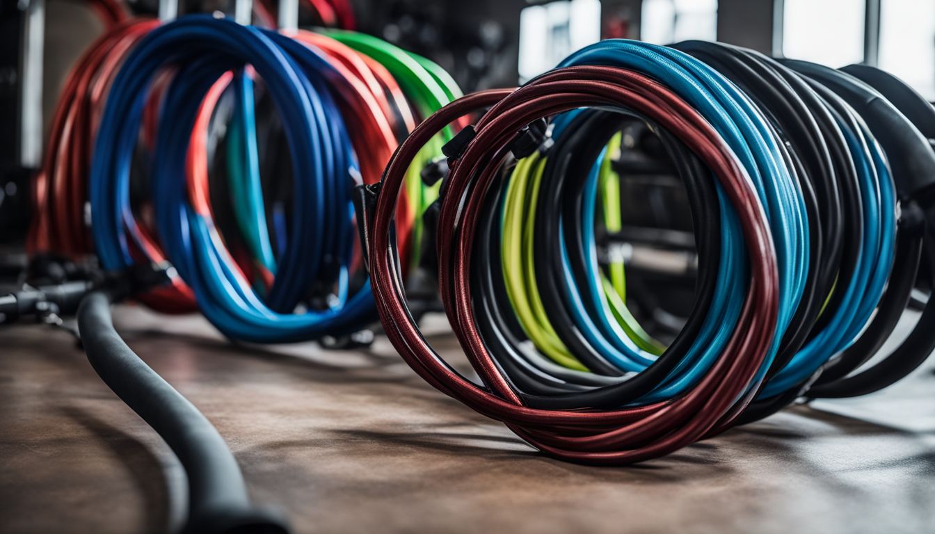 A set of FitFighter Steel Hoses arranged in a gym.