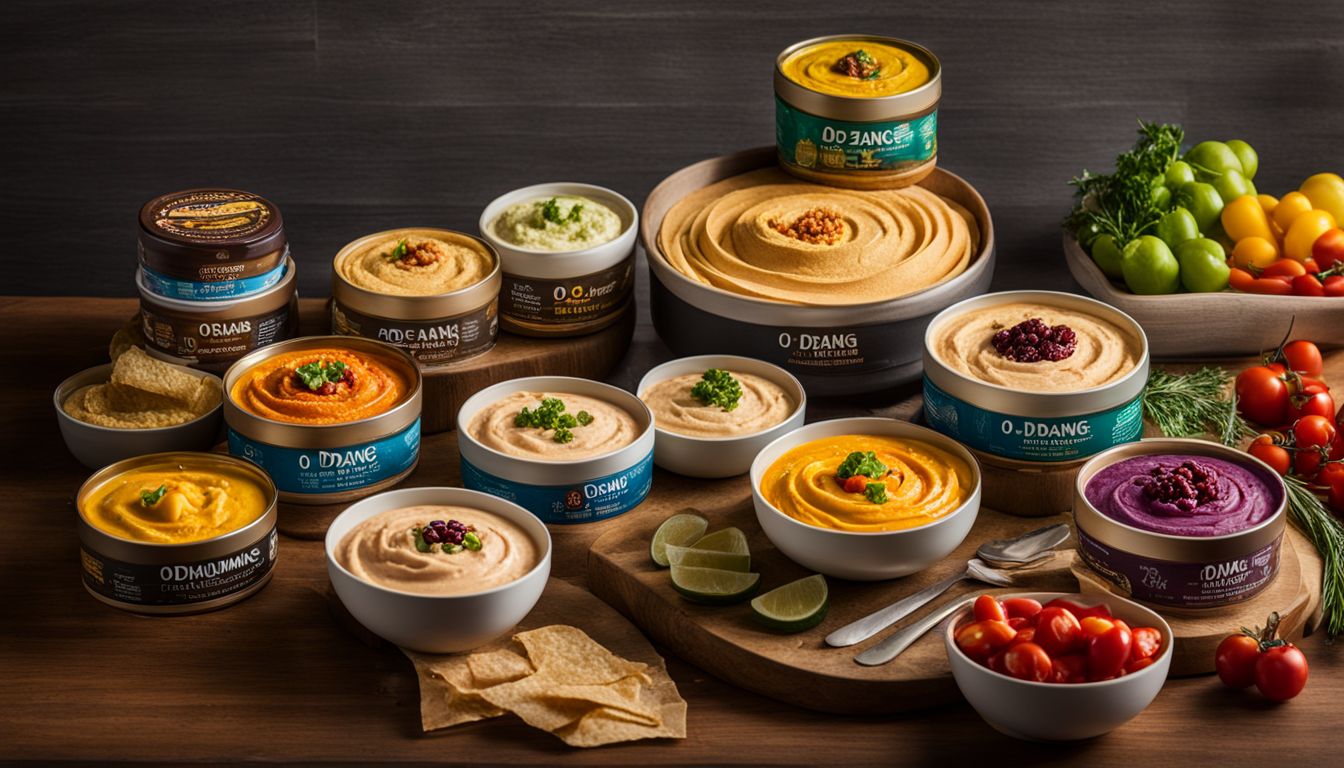 A vibrant display of O'Dang Hummus products in a modern kitchen setting.
