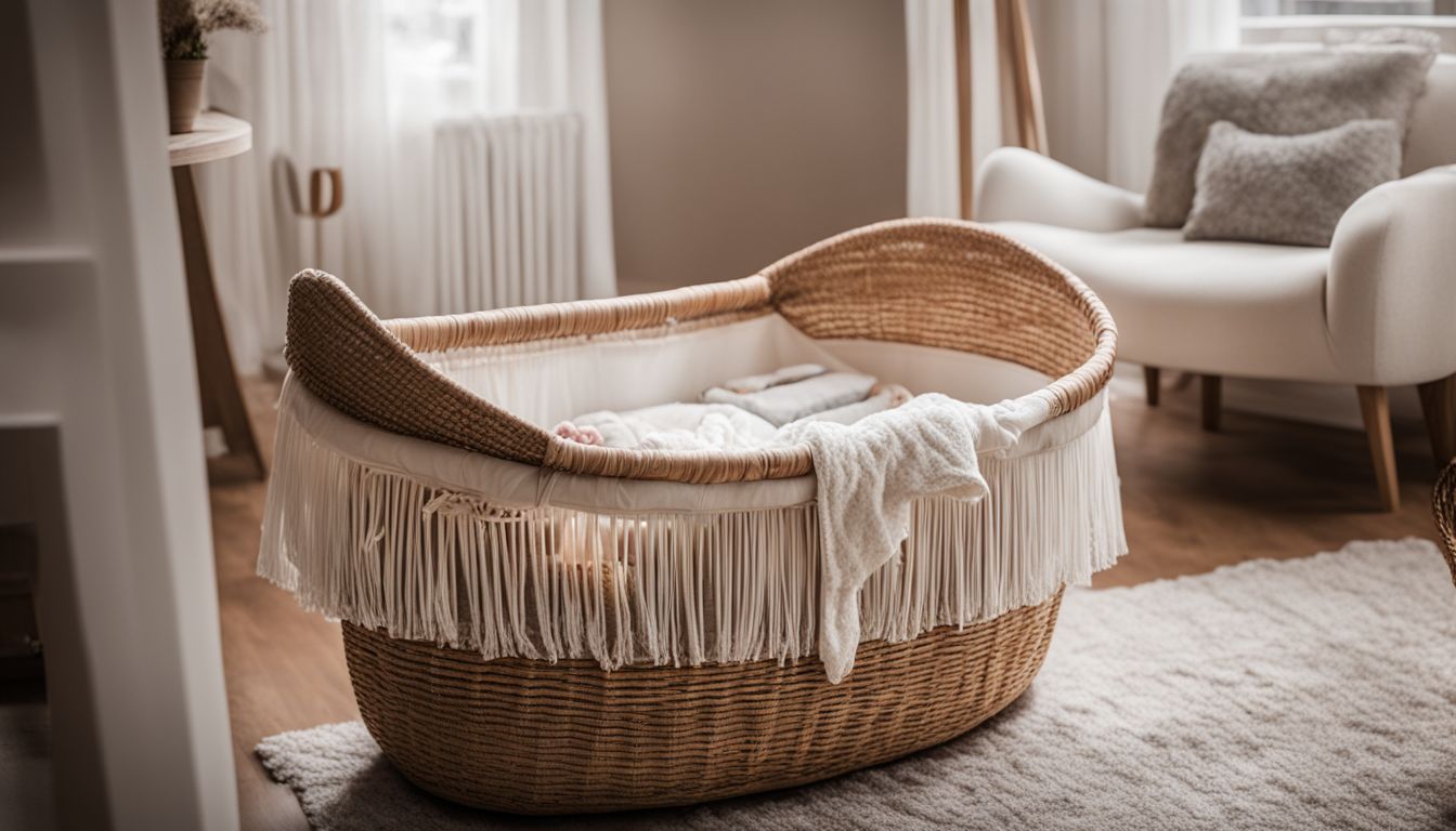 A modern Moses basket in a cozy nursery setting.