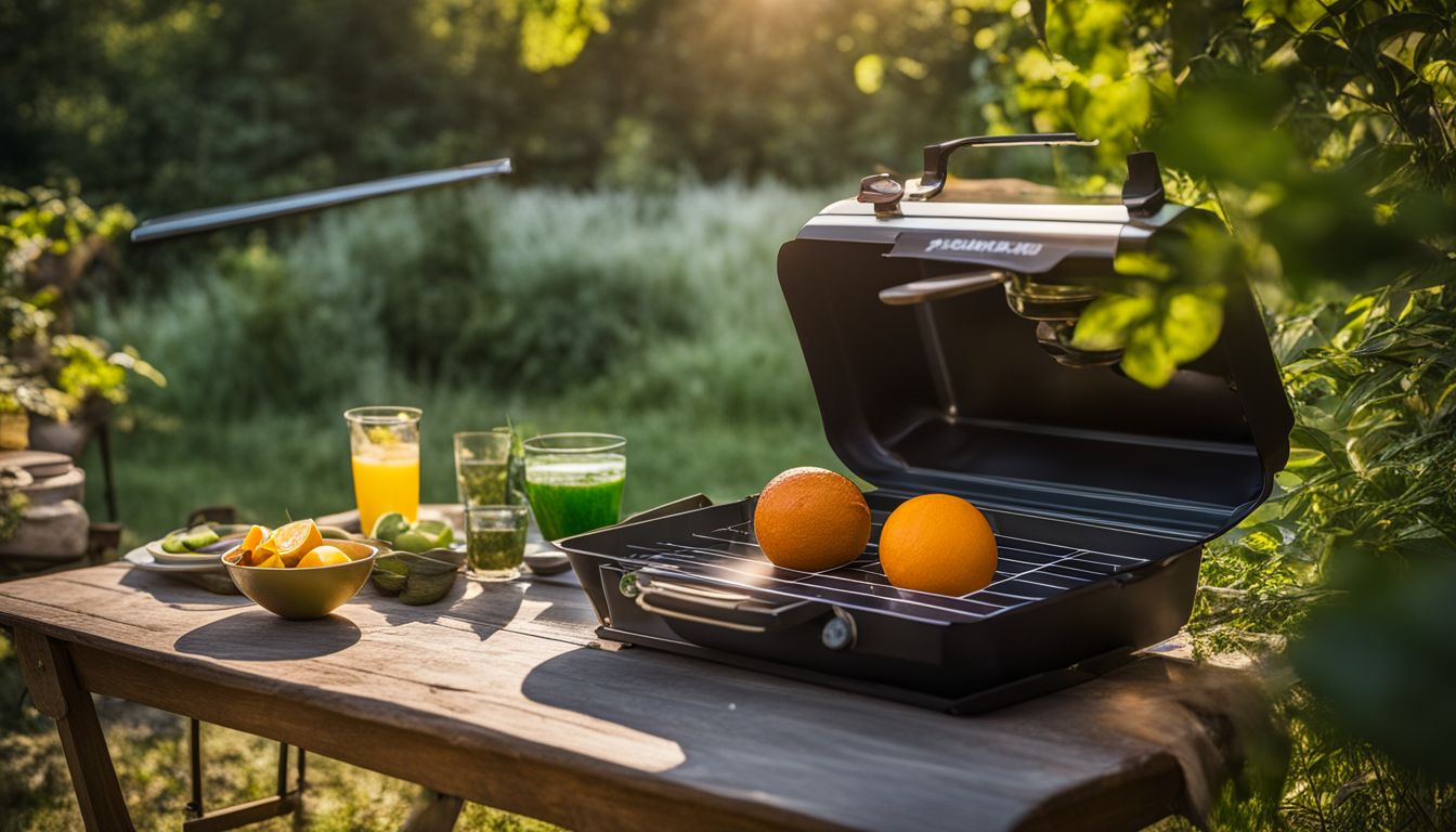 A solar cooker set up in a lush, green outdoor environment.