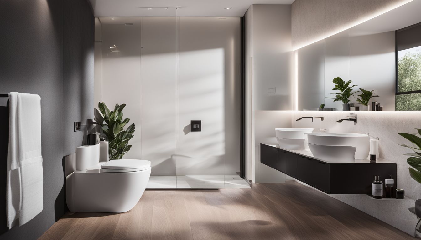 A modern bathroom featuring the Squatty Potty in use.