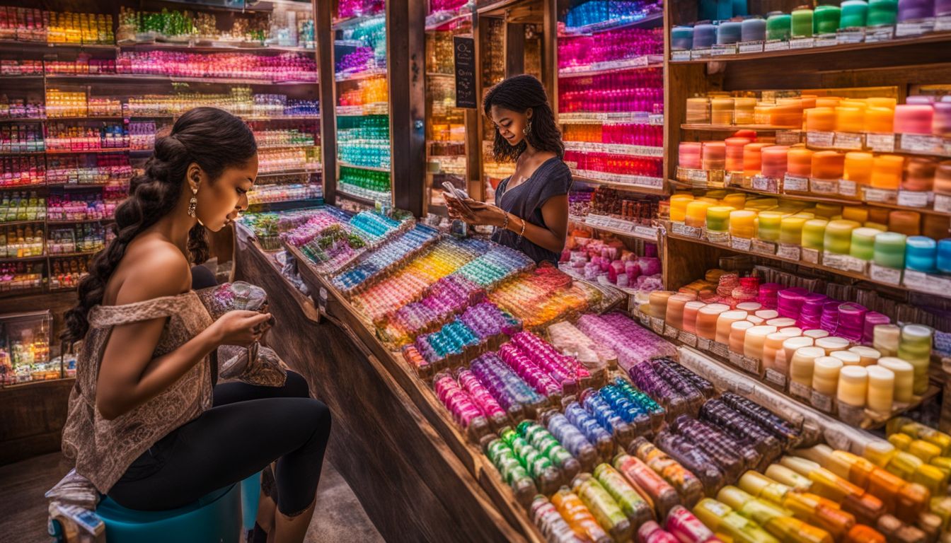 A colorful array of Kisstixx lip balm flavors displayed at a vibrant market.
