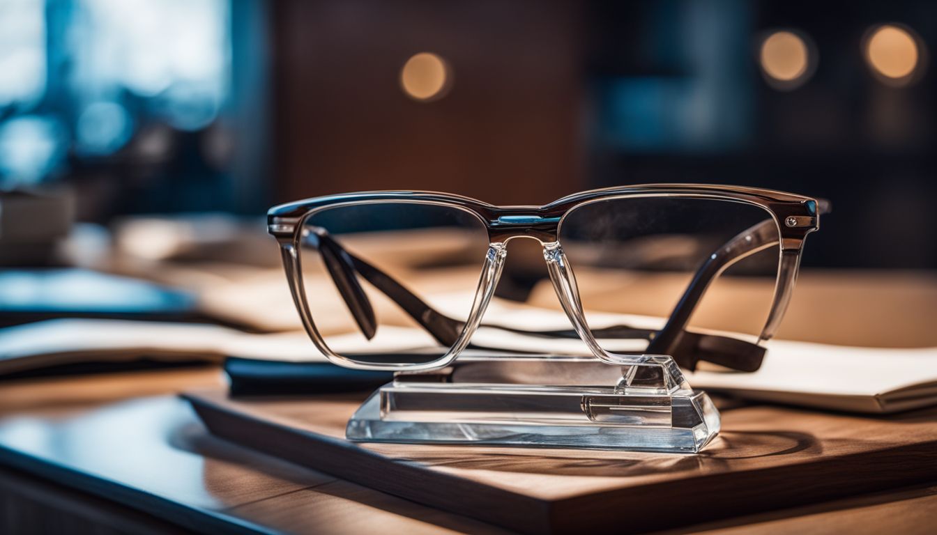 A sleek glasses holder on a polished desk in a bustling city.