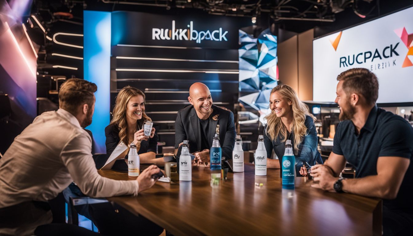 A photo of RuckPack's branded energy shot surrounded by supportive Shark Tank investors.