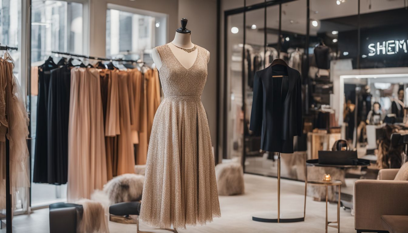 A stylish Shemie dress showcased in a bustling fashion boutique.