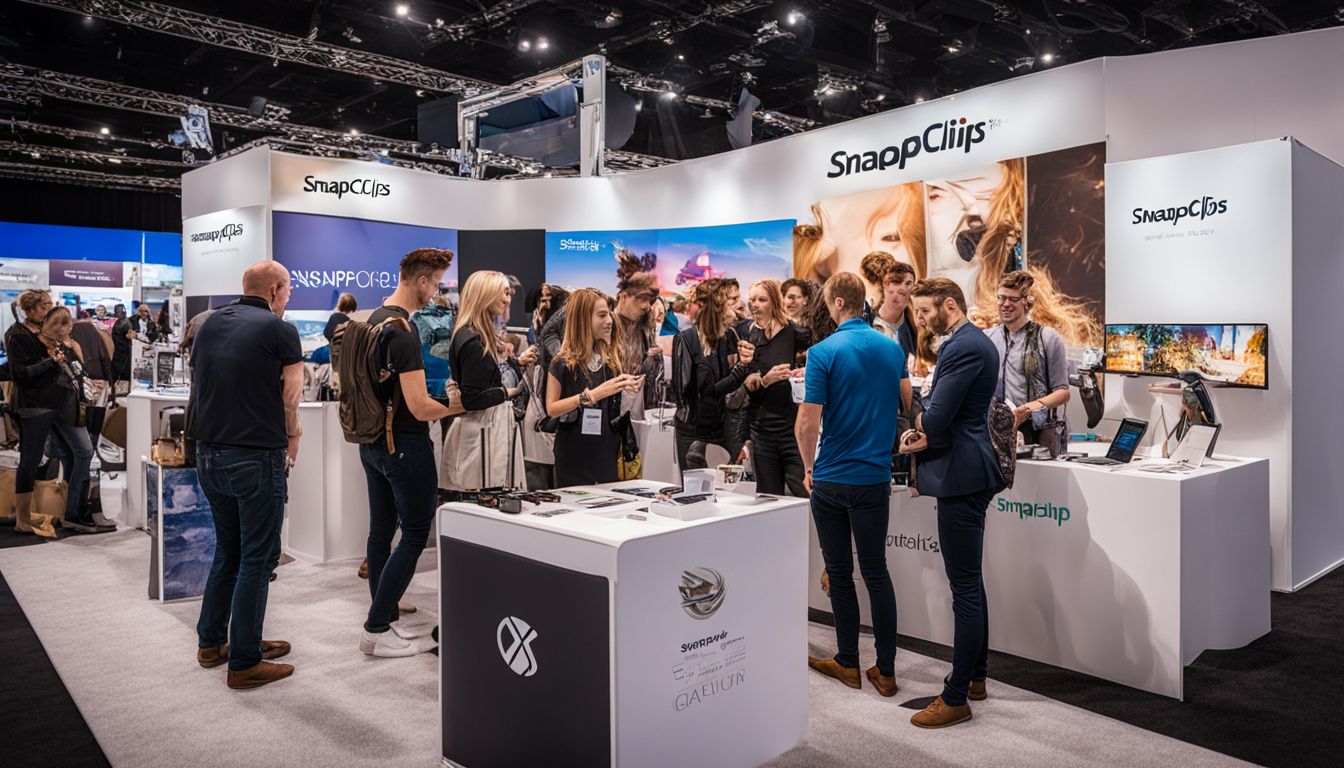 A crowded trade show booth featuring the SnapClips product.