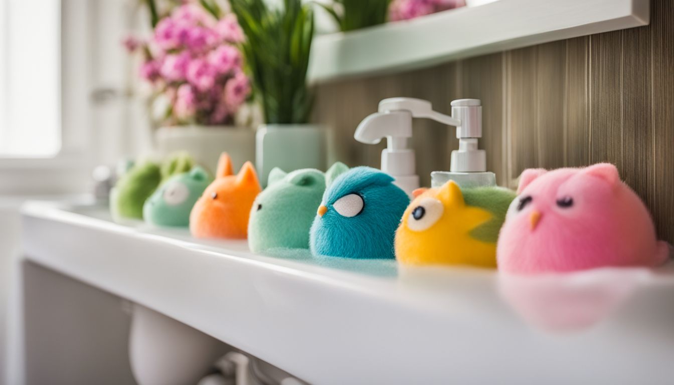 A lineup of colorful SoapSox bath aids in a playful bathroom.