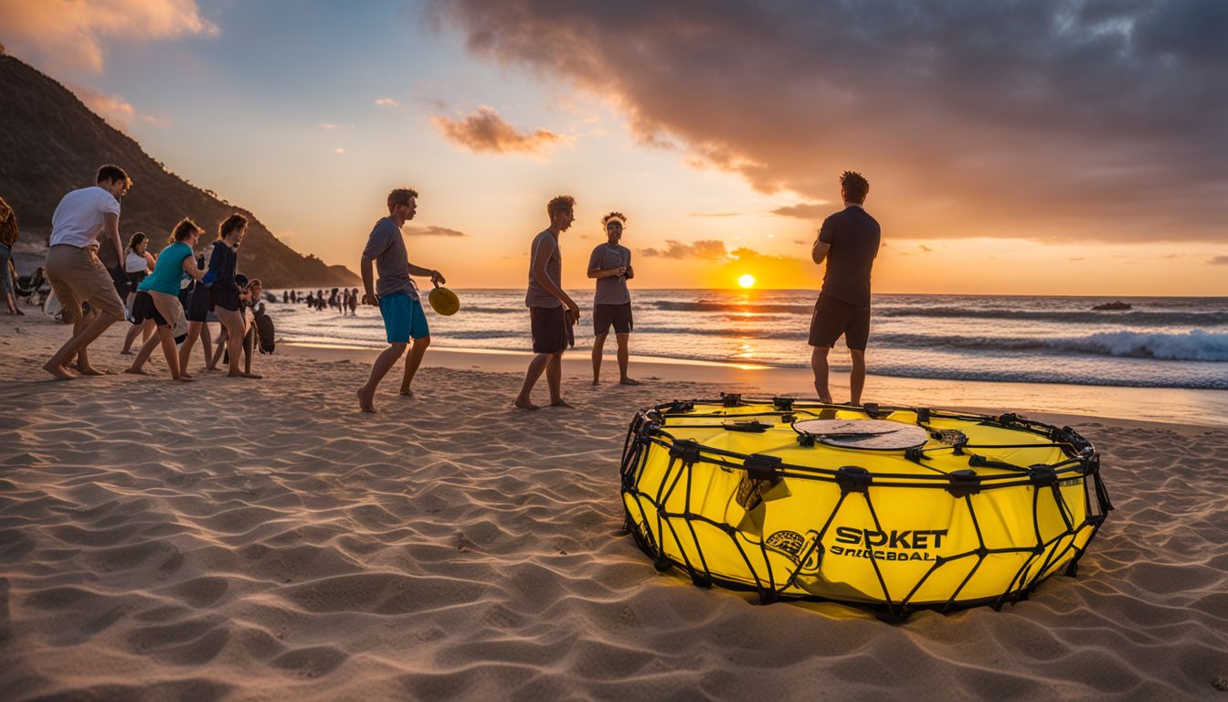 A Spikeball game on a colorful beach with onlookers at sunset.