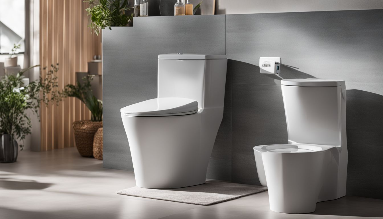 A modern bathroom setting featuring the Squatty Potty product.