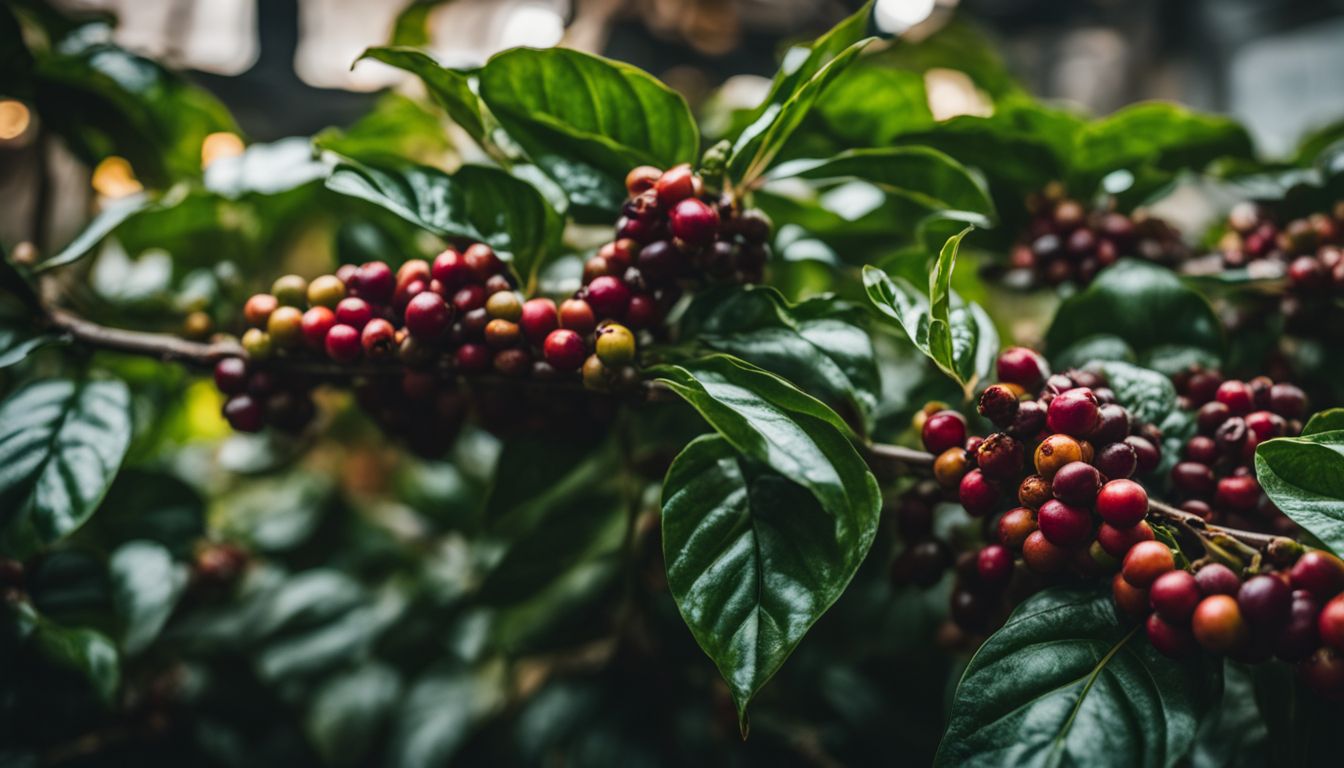 A thriving coffee plant in a busy roastery with diverse surroundings.