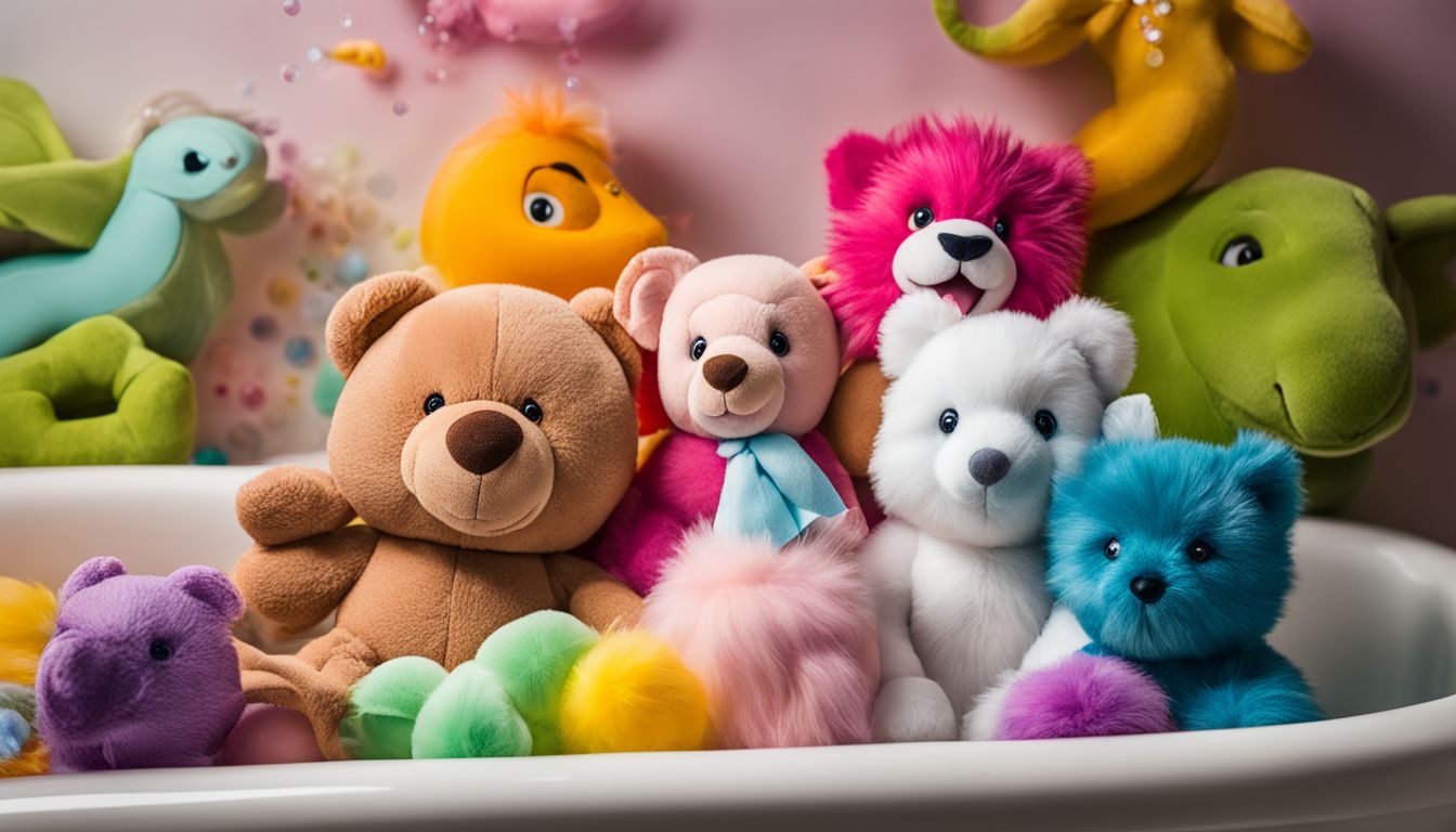 A playful stuffed animal SoapSox surrounded by colorful bath toys.