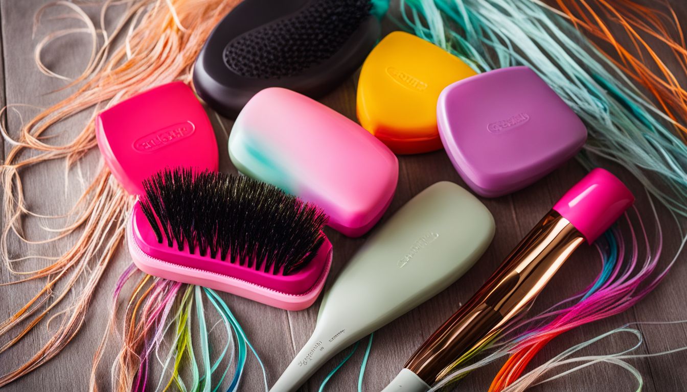 A Tangle Teezer brush surrounded by various healthy-looking hair strands.