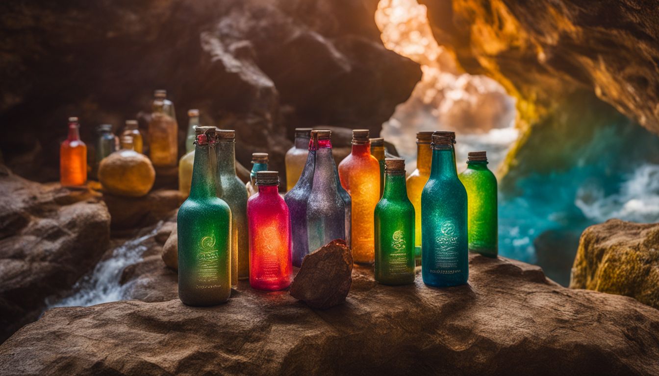 A colorful display of Cave Shake bottles in a natural setting.