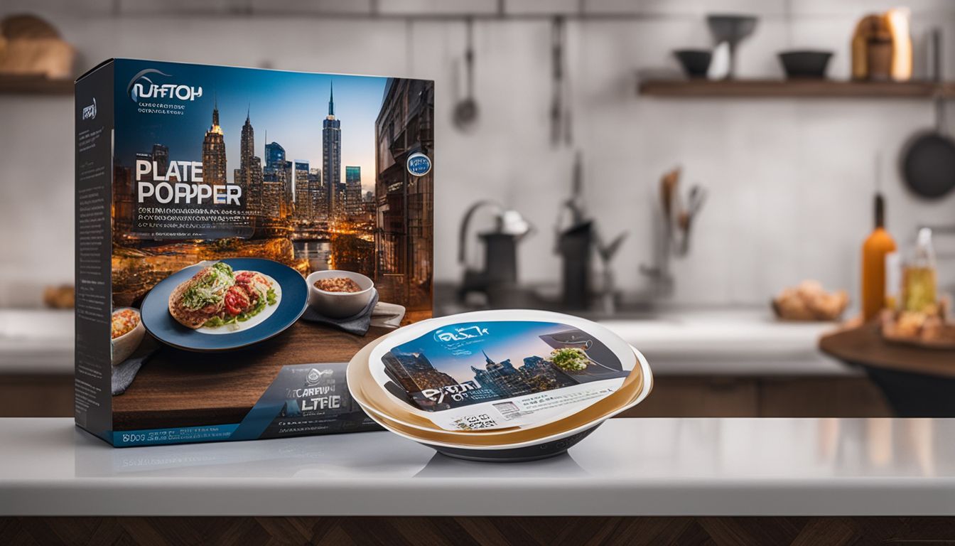 A photo of Plate Topper and its packaging displayed on a kitchen countertop.
