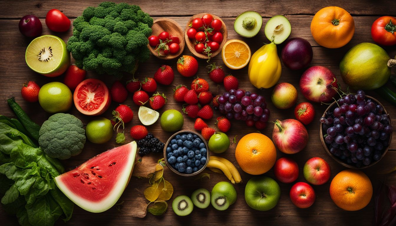 A variety of vibrant fruits and vegetables arranged on a wooden table.