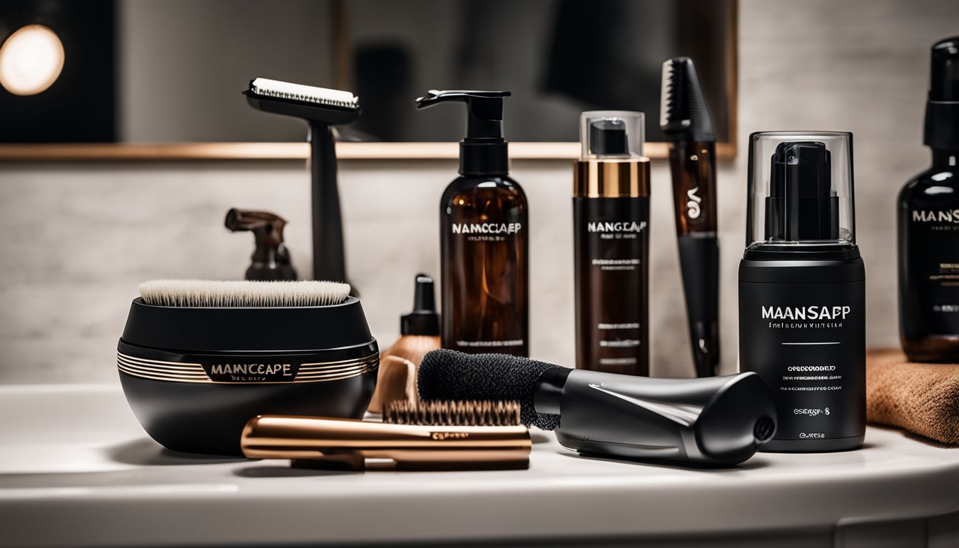 A display of Manscaped grooming tools on a bathroom counter.