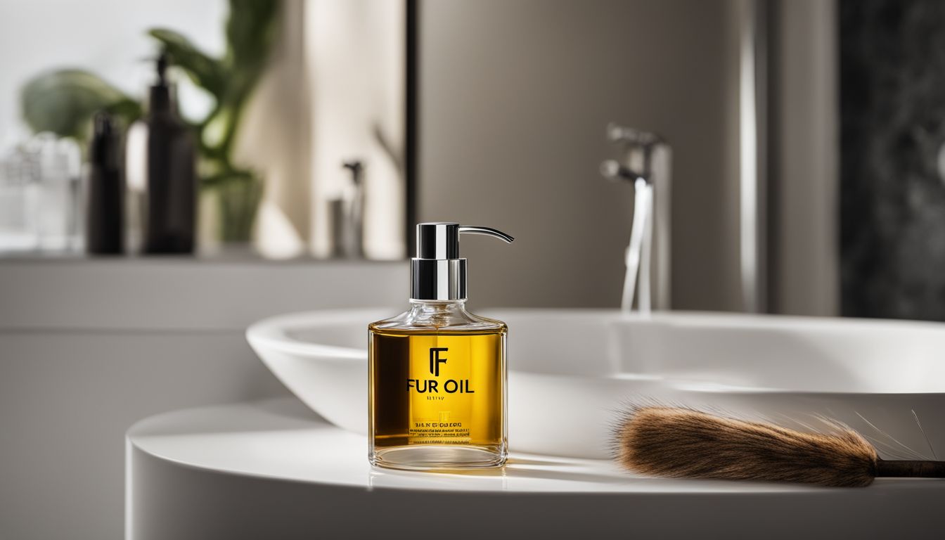 A bottle of Fur Oil on a modern bathroom counter.