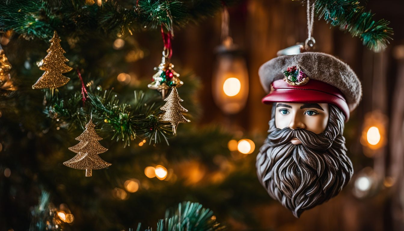Beard ornaments hanging from a festive tree in a rustic cabin.