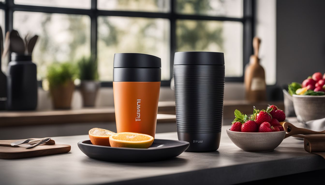 A travel mug with a Bottle Bright tablet surrounded by clean kitchenware.