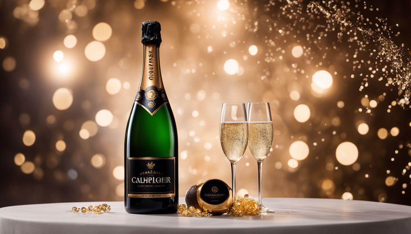 An elegant champagne bottle with a Bubbly Blaster in a luxurious party setting.