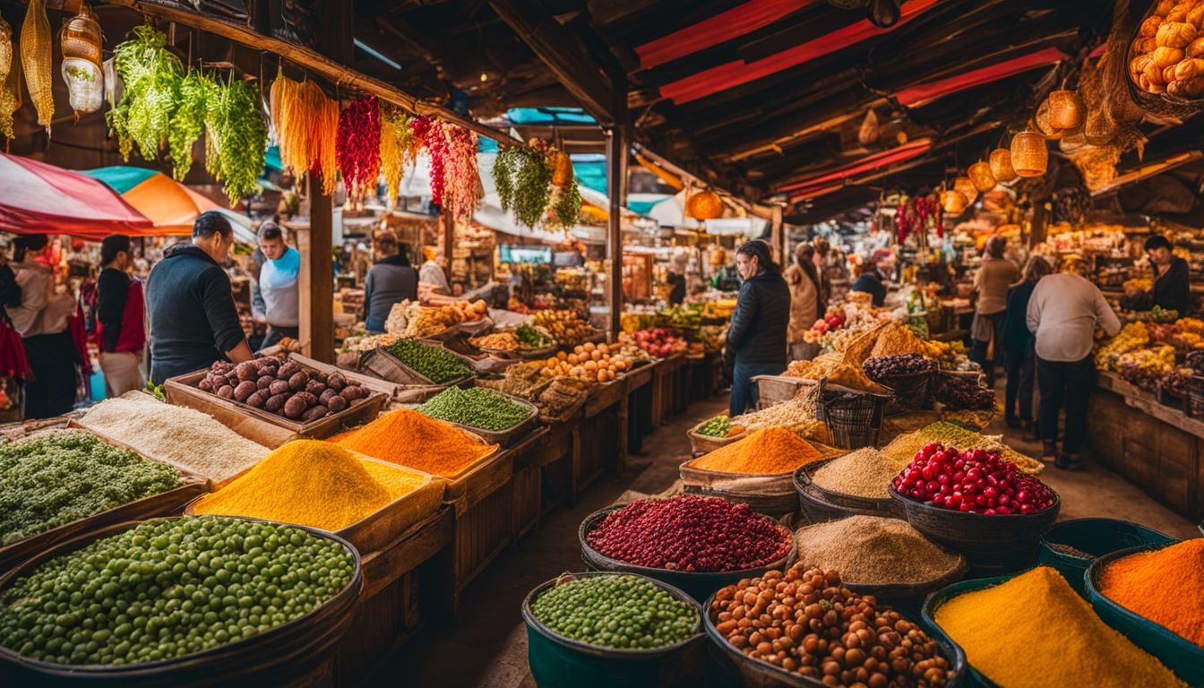 A variety of low FODMAP foods displayed in a colorful market setting.