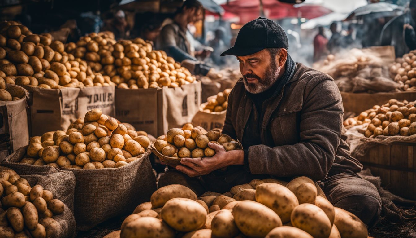 A pile of creatively designed and packaged potatoes in a rustic market setting.