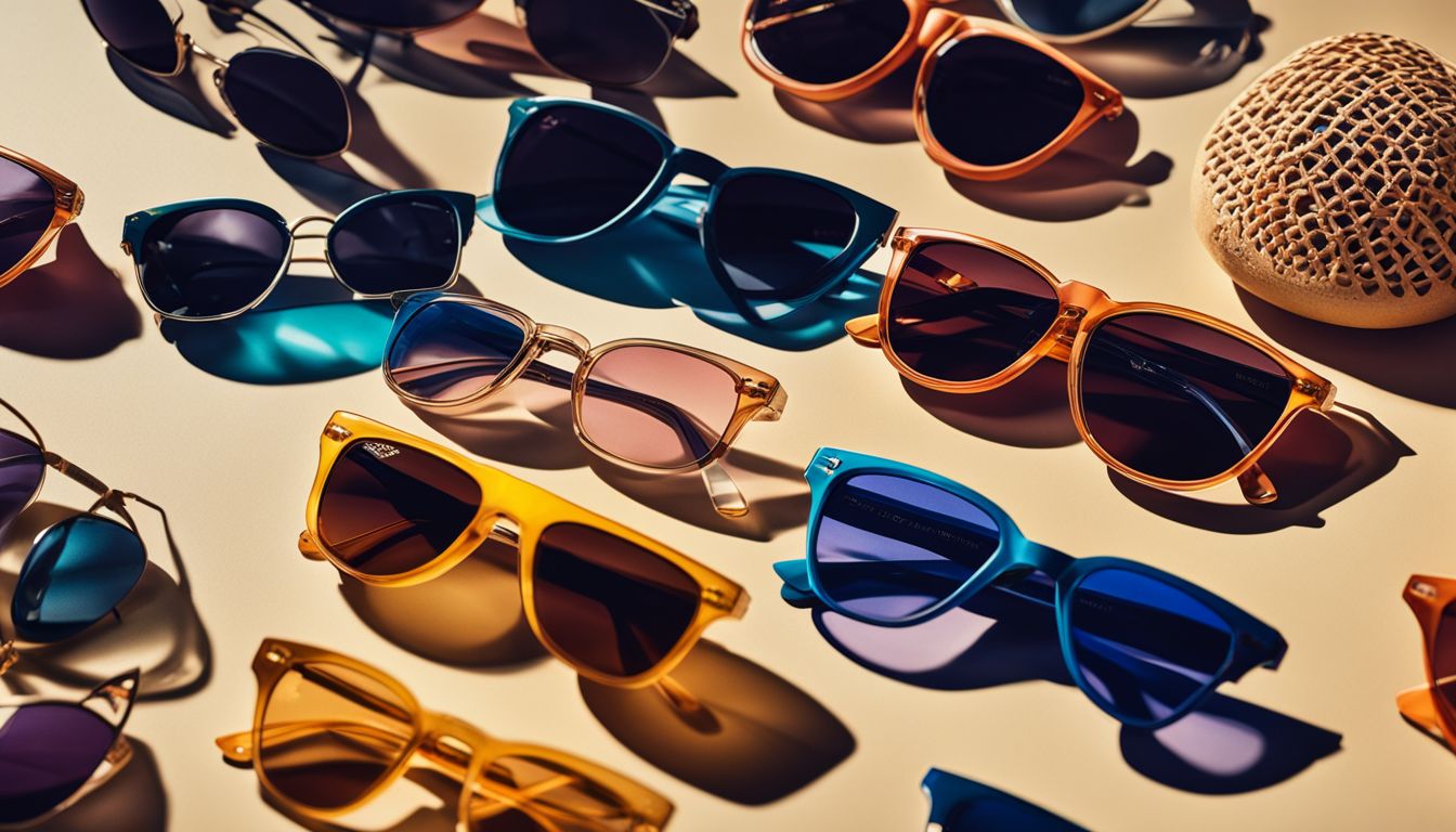A still life photo of novelty sunglasses arranged creatively with pop culture items.