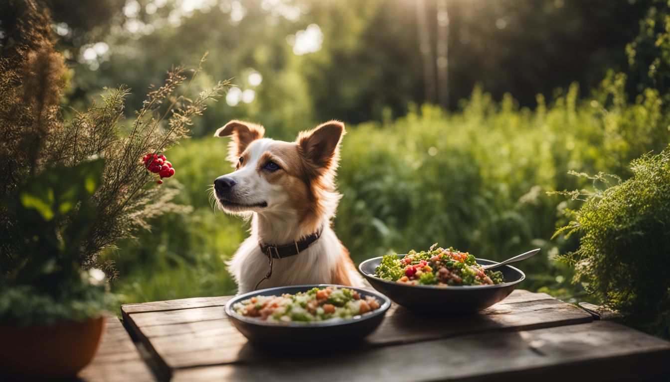 A happy dog enjoying a plant-based meal in a natural setting.