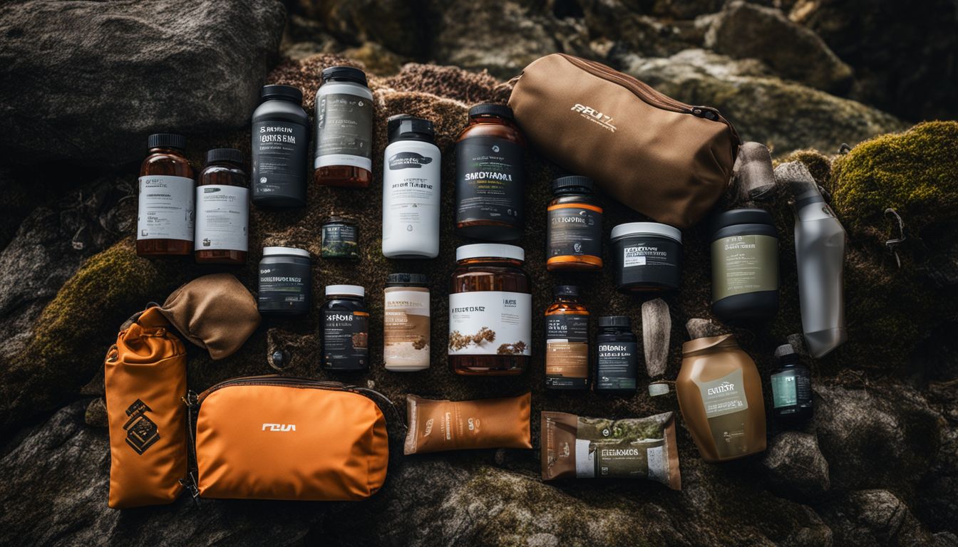 A collection of RuckPack supplements arranged on rugged outdoor terrain.
